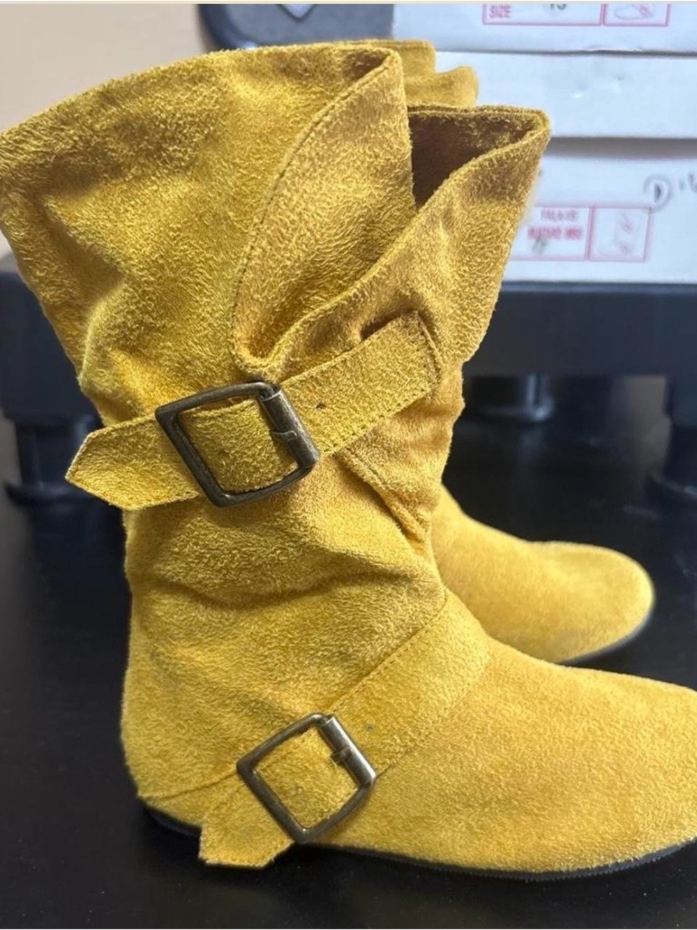 Soda girls fala faux suede slouch boots, mustard yellow NIB deadstock pristine